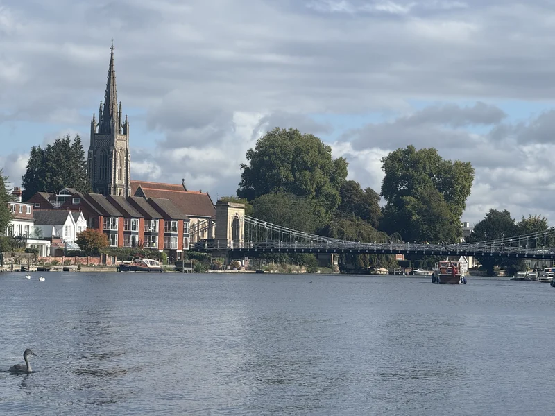 All Saints’ Church and Marlow Bridge, with a swan on the Thames